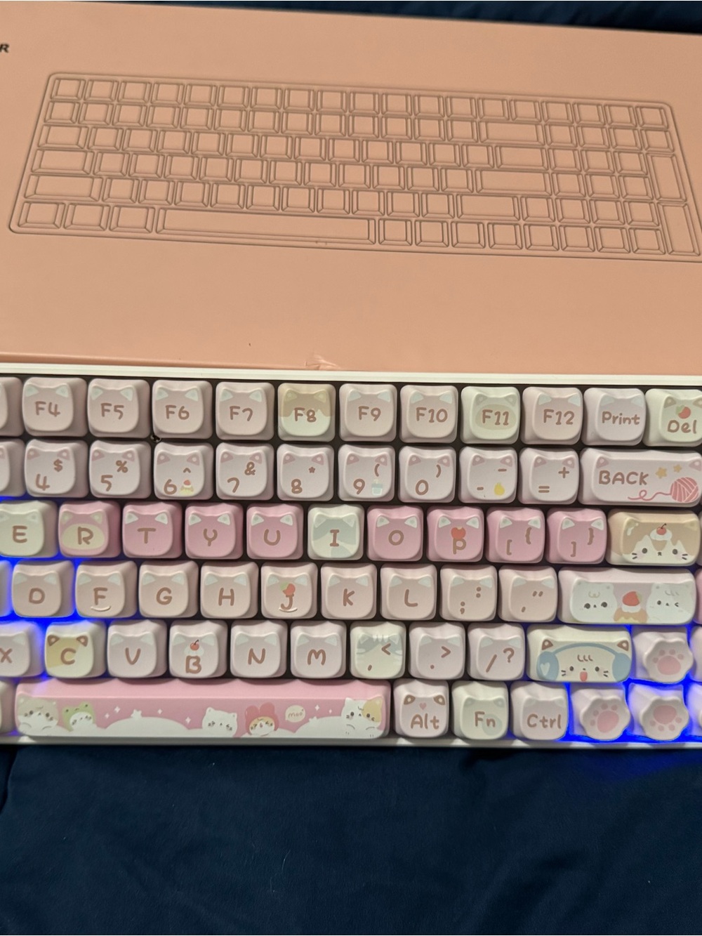 Cute Pastel Cat Mechanical Keyboard Keycap Set - Pink & White - Zornher 100